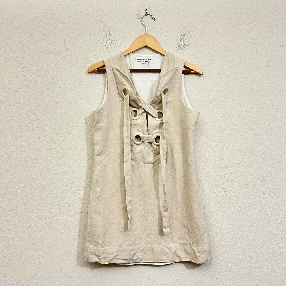 ENGLISH FACTORY Lace Up Mini Dress Sand Beige Sleeveless Linen Cotton